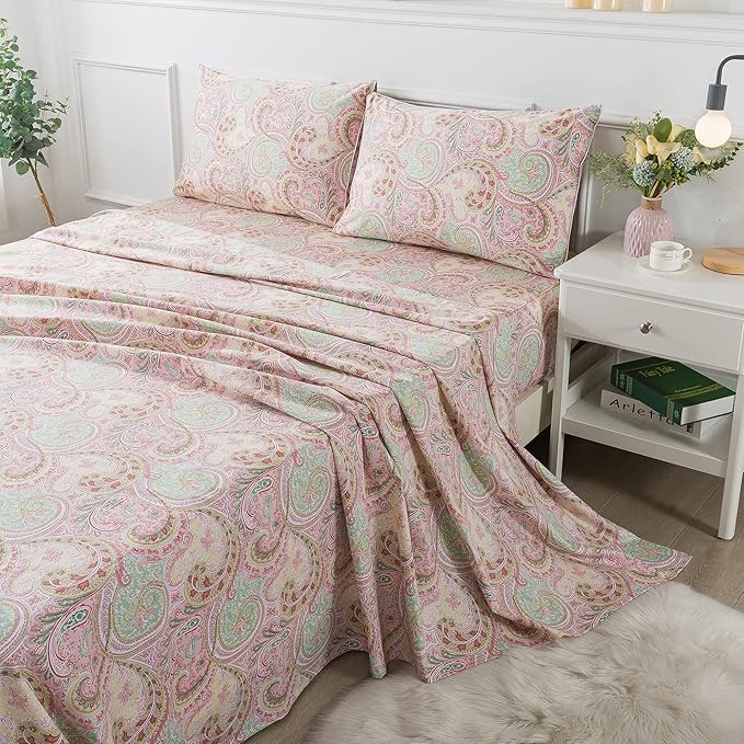 FADFAY Egyptian Cotton Sheets Twin Pink Paisley Bedding Sets Deep Pocket Fitted Sheet Set 800TC Soft Skin-Friendly Natural Bed Sheets (4Pcs, Twin Size)