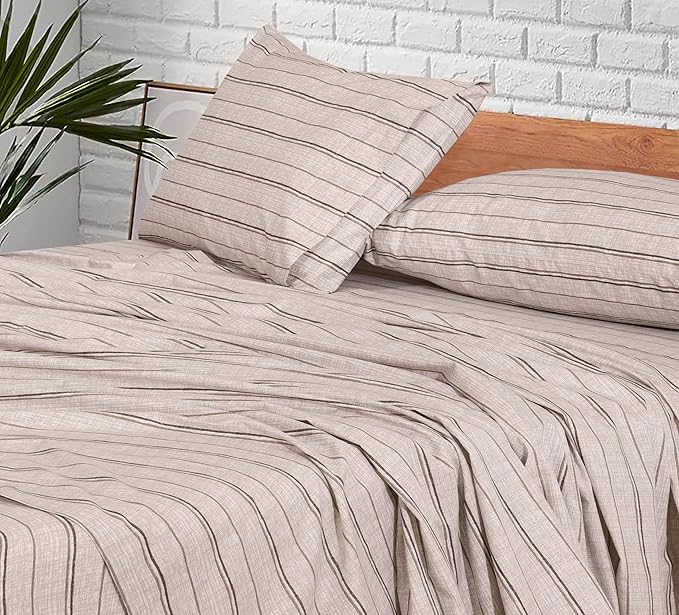 RUVANTI 100% Cotton Split King Sheets Sets for Adjustable Bed, 5 PCs, Soft & Breathable Percale Weave Bedding, Deep Pocket 16", Hotel Standard, Crisp Cool Feel & Durable, Striped Sheet, Brown Stripes