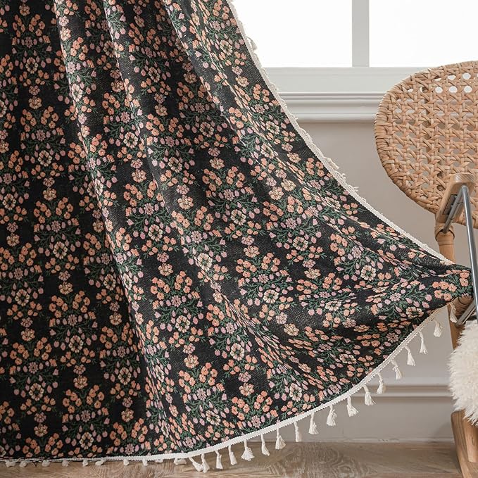 ENJOYBRIDAL Floral 96 Inch Curtains 2 Panel Set Boho Jacquard Drapes Black Living Room Semi Sheer Long Window Curtains Cottagecore Farmhouse Bedroom Chic Decor Rod Pocket Tassel Window Treatments