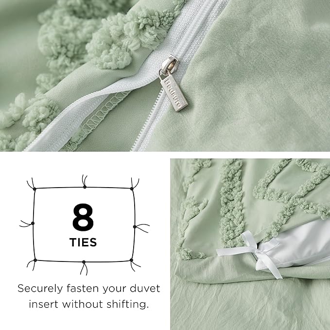 Bedsure Boho Duvet Cover Queen Size, Soft & Comfortable Elegant Design Boho Bedding for Decoration, Machine Washable Comforter Cover for All Seasons,Includes 1 Duvet Cover & 2 Pillow Shams,Light Green