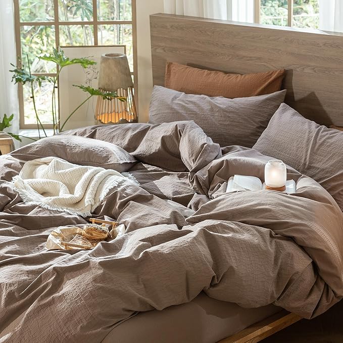 MooMee Wavy Striped Duvet Cover Set 100% Washed Cotton Linen Like Textured Breathable Durable Soft Comfy (Brown, Super King 108"x98")