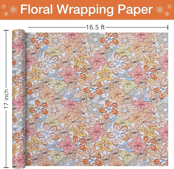 RayofSun Floral Wrapping Paper Roll 17 inch x 16.5 ft Mini Roll Boho Vintage Flower Gift Wrap All Occasion Wedding Birthday Bridal Shower Party Baby Shower Christmas