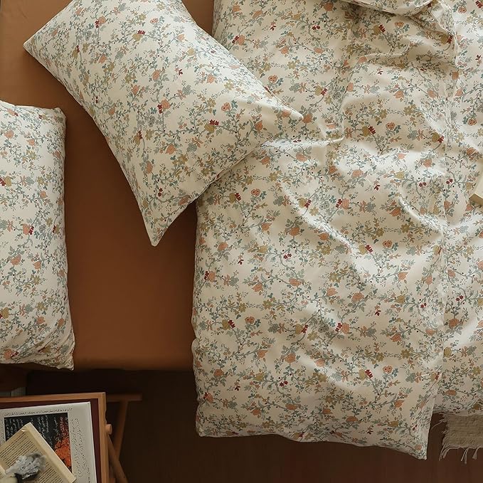 EAVD Vintage Style Floral Duvet Cover Twin Soft Cotton Chic Shabby Garden Floral Bedding Set with 2 Pillowcases Fresh Reversible Botanical Comforter Cover with Zipper Closure