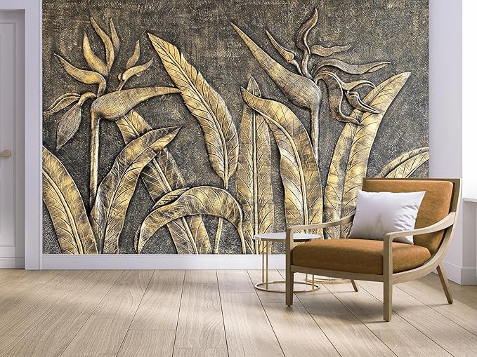 Cliouar-Golden Bird of Paradise Sculpture 3D Three-Dimensional Wallpaper Mural 158" x 110" (Not Self-Adhesive)