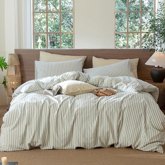 MooMee Striped Duvet Cover Set 100% Washed Cotton Linen Like Textured Breathable Durable Soft Comfy (Sage Green White Classic Stripes, Queen 90"x90")