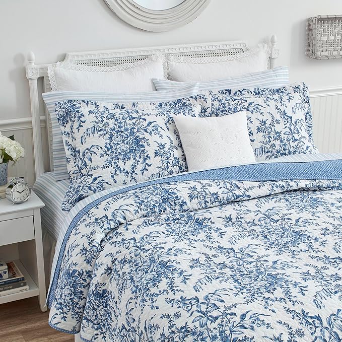 Laura Ashley - Queen Quilt Set, Reversible Cotton Bedding with Matching Shams, Home Decor for All Seasons (Bedford Delft Blue, Queen)