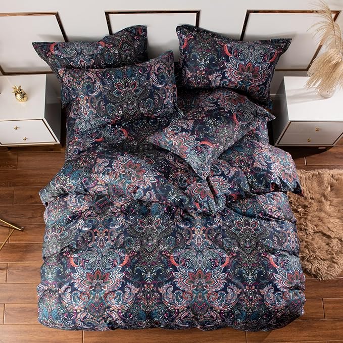VM VOUGEMARKET Retro Paisley Duvet Cover Queen Size Boho Damask Duvet Cover Sets 100% Brushed Cotton Bedding Set,1 Duvet Cover and 2 Pillow Shams for All Seasons-Stormy Blue