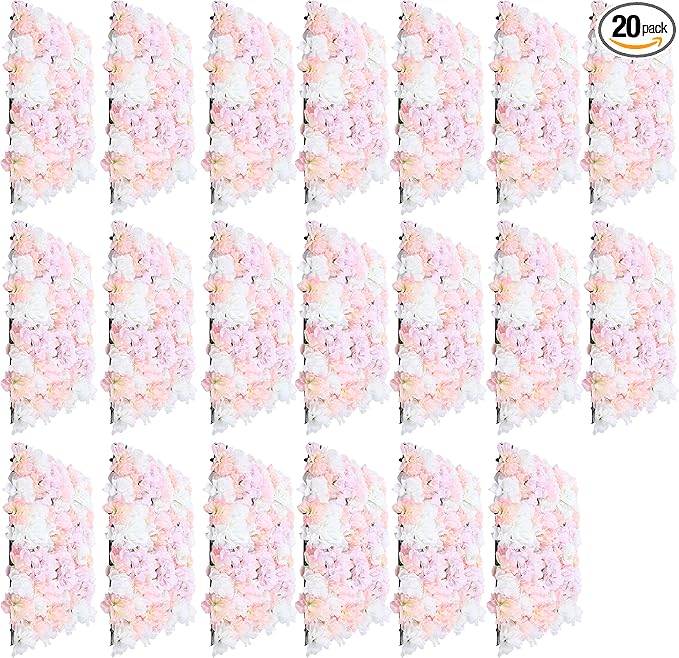 16"x 24" Artificial Flower Wall Panels,Flower Wall Mat Silk Flower Panels for Outdoor Garden Backyard Fence Fence Privacy Screen and Indoor Wall Decor(20Pcs Champagne+Light Pink+White)
