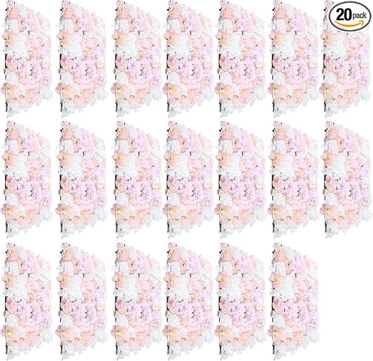 16"x 24" Artificial Flower Wall Panels,Flower Wall Mat Silk Flower Panels for Outdoor Garden Backyard Fence Fence Privacy Screen and Indoor Wall Decor(20Pcs Champagne+Light Pink+White)
