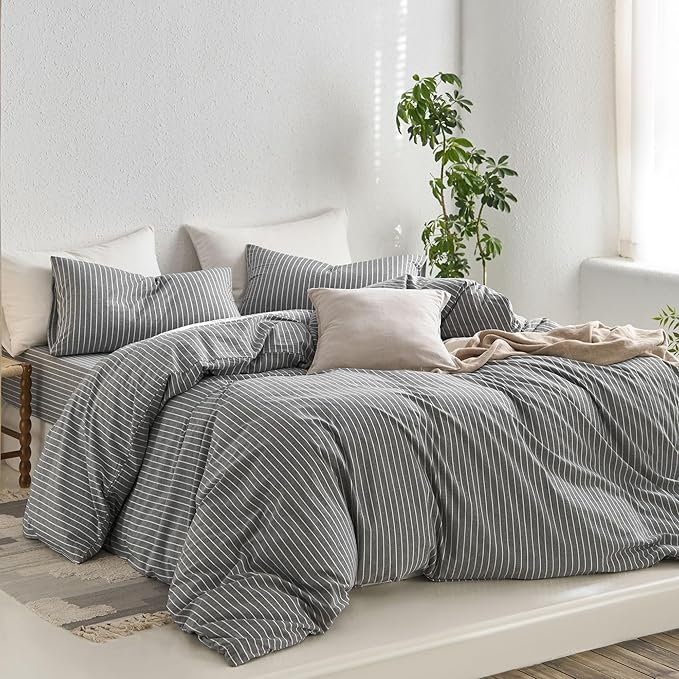 MooMee Striped Duvet Cover Set 100% Washed Cotton Linen Like Textured Breathable Durable Soft Comfy (Dark Grey White Wide Stripes, Twin 68"x90")