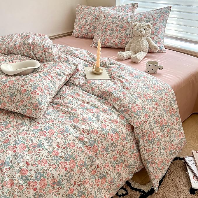 LIFETB Boho Floral Duvet Cover King Soft Cotton Aesthetic Bedding Sets French Style Pink Blue Flower Branches Chic Shabby Garden Comforter Botanical Size King(104/ inchsx90/ inchs)