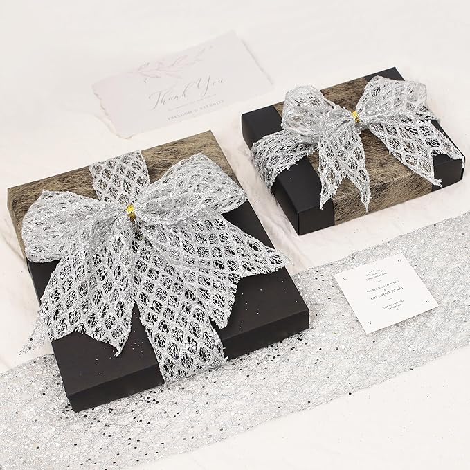 VATIN 6" Silver Christmas Ribbon, Silver Glitter Mesh Diamond Web Sequin Dots Wired Christmas Ribbon for Gift Wrapping Bow Making Wreath Supply-10 Yards