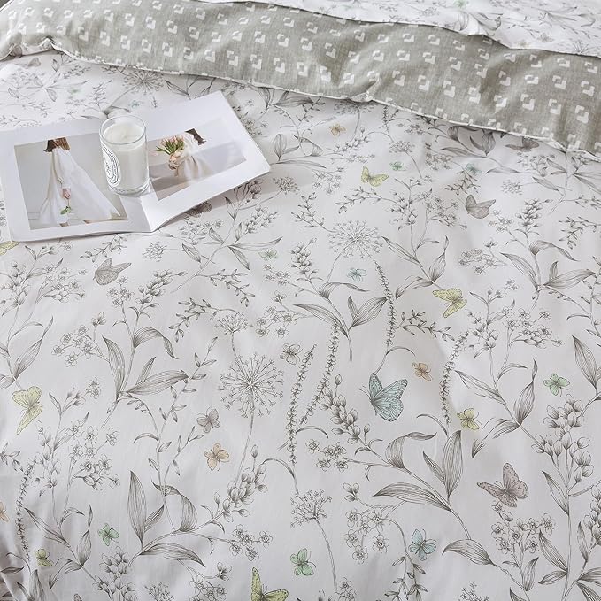 FADFAY Duvet Cover Set Twin Colorful Butterfly Bedding Vintage Botanical Comforter Cover Set Shabby Branches Bedding 100% Cotton Ultra Soft Quilt Cover with Hidden Zipper Closure 3Pcs, Twin Size