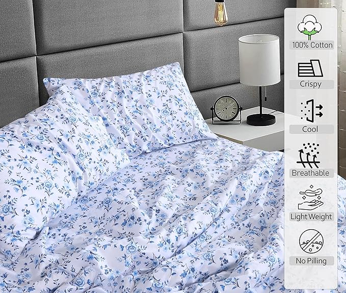 RUVANTI 100% Cotton Twin Sheets Set, 3 Pieces, Soft & Breathable Percale Weave Bedding, Deep Pocket 16", Hotel Standard, Crisp Cool Feel, Durable, Perfect Floral Bed Sheet, Annual