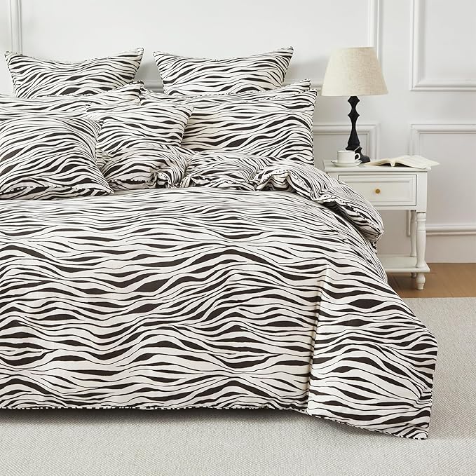 FADFAY Zebra Duvet Cover King, 100% Cotton Chocolate and White Animal Print Bedding Set, 3 Pieces with Zipper Closure & Corner Ties