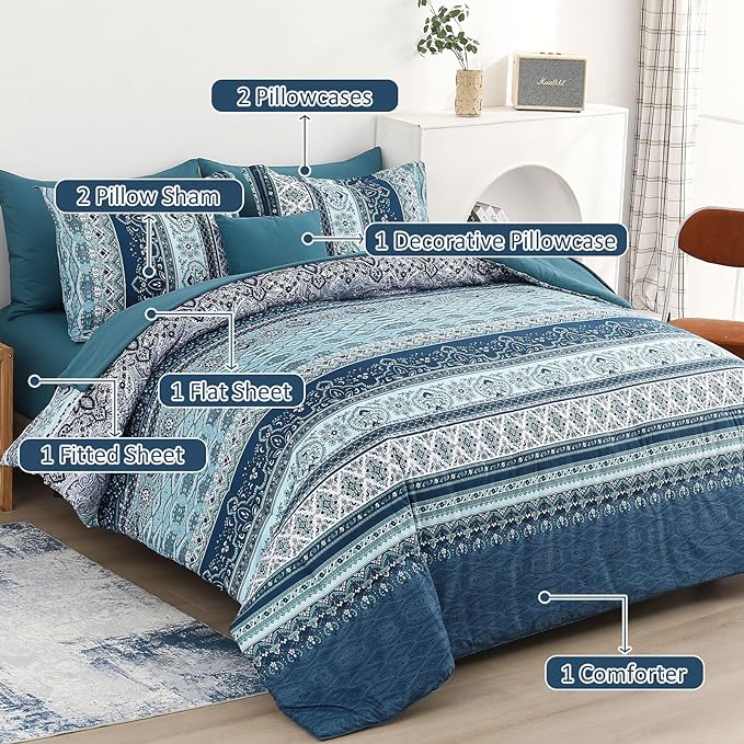 Cottolester Boho Blue Comforter Set Queen Size 8 Pieces,Teal Blue Comforter Bohemian Striped Bed in A Bag,Soft Microfiber Bedding Set for All Seasons
