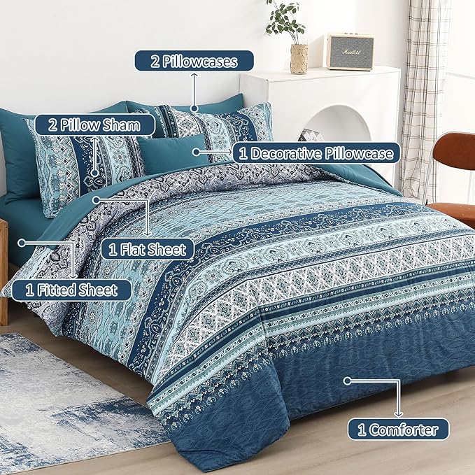 Cottolester Boho Comforter Set King Size 8 Pieces, Teal Blue Comforter Bohemian Striped Bed in A Bag, Soft Microfiber Bedding Set for All Seasons