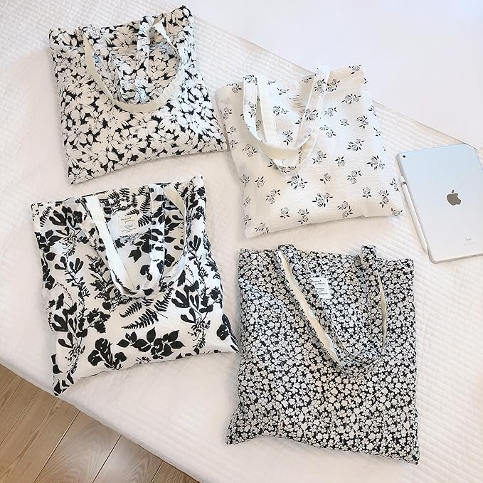 Cotton Canvas Tote Bag Reusable Soft Grocery Cloth Bag Floral Shoulder Bag for Beach Travel Shopping