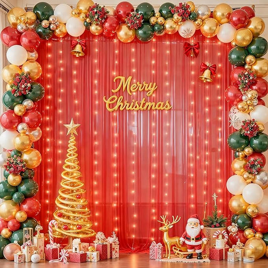 10x10ft Red Tulle Backdrop Curtain with Lights String for Parites, Sheer Backdrop Curtains for Christmas Wedding Baby Shower Birthday Party Photo Shoot Decorations
