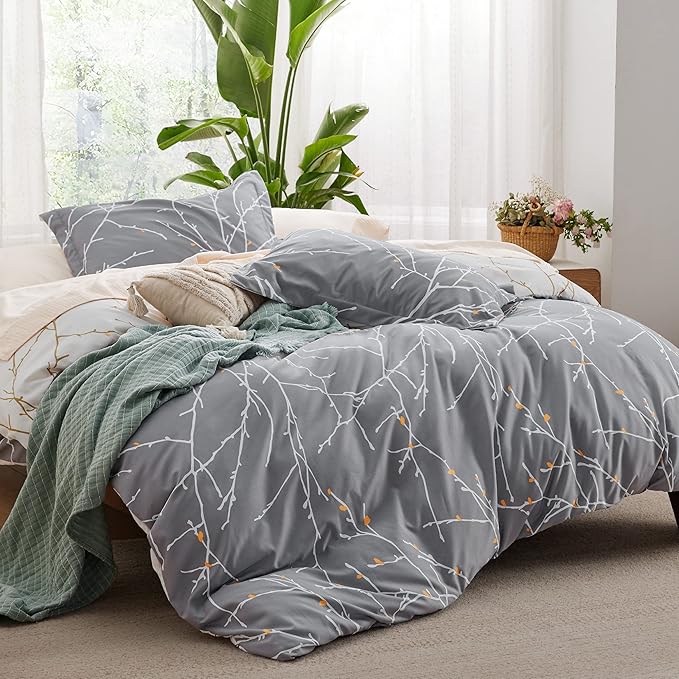 Bedsure Duvet Cover Queen Size - Reversible Tree Branch Duvet Cover Set with Zipper Closure, 3 Pieces Grey Bedding Set with 8 Corner Ties and 2 Pillow Shams 20"x26"