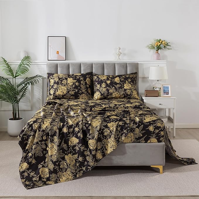 FADFAY Rose Sheets Set King Vintage Black Gold Floral Bedding Shabby Peony Botanical Sheets Luxury Farmhouse Bedding 800 Thread Count 100% Egyptian Cotton Deep Pocket Fitted Sheet 4Pcs, King Size