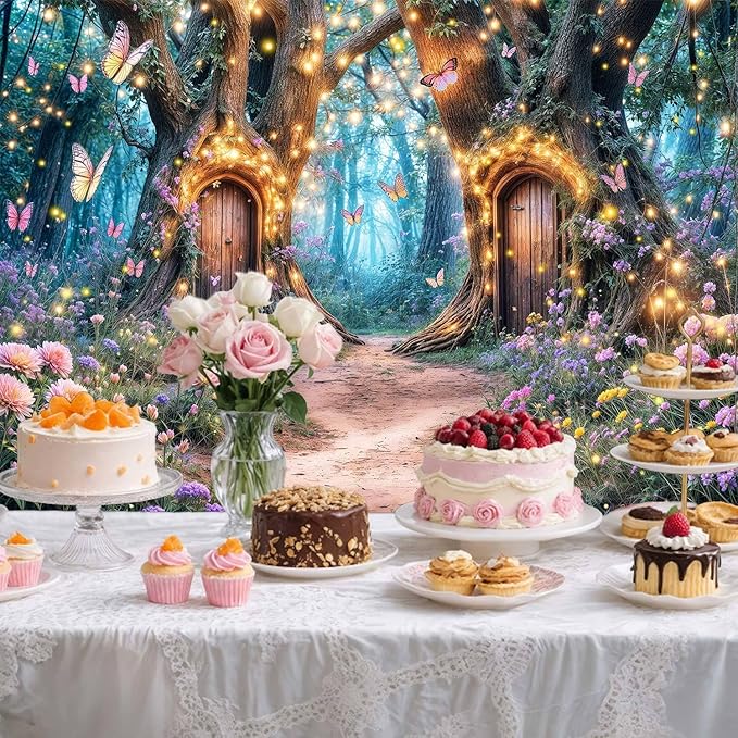 5X3ft Enchanted Forest Backdrop Fairy Enchanted Wonderland Garden Floral Butterfly Photography Background for Kids Girls Baby Shower Birthday Party Decoration Banner Cake Table Photo Booth Props