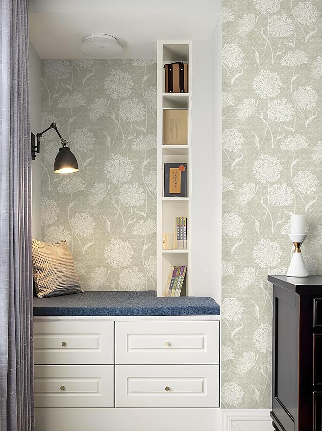 Safiyya Peel and Stick Wallpaper Floral Contact Paper Beige Grasscloth Wall Paper Neutral Self Adhesive Removable Wallpaper for Bedroom 197"x17.3" Covering Vinyl Rolls