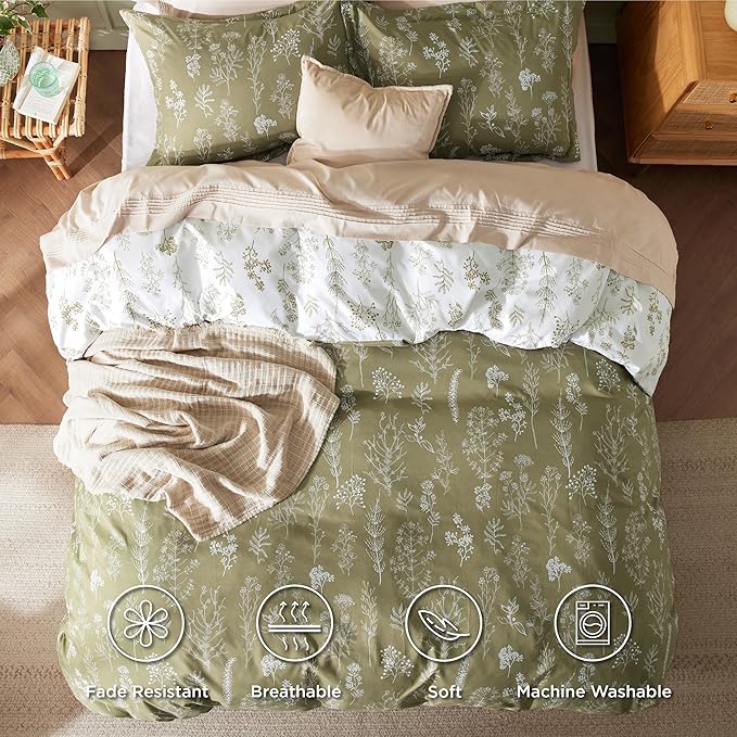 Bedsure Duvet Cover Queen Size - Reversible Olive Green Queen Duvet Cover Set with Zipper Closure, 3 Pieces Floral Patterned Bedding Set with 8 Corner Ties and 2 Pillow Shams