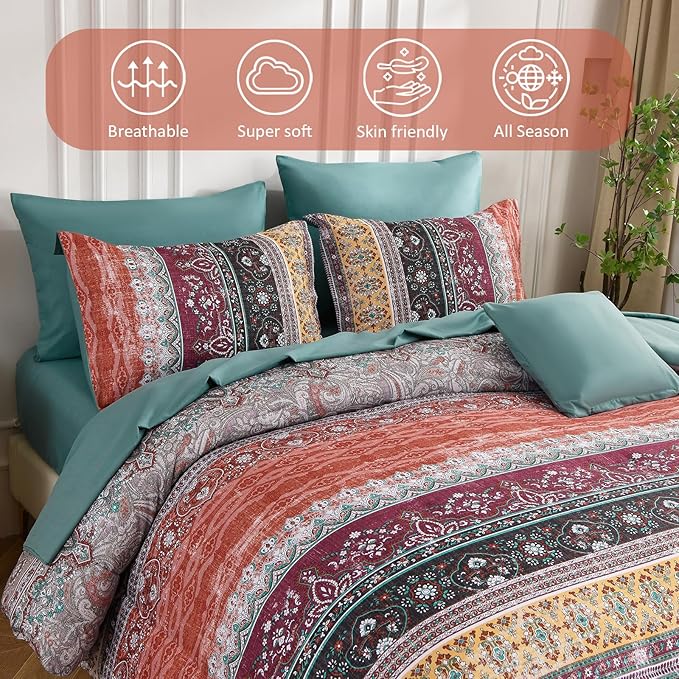 Cottolester Boho Queen Comforter Set 8 Pieces,Orange and Green Bohemian Striped Bed in a Bag,Paisley Soft Microfiber Bedding Comforter Set