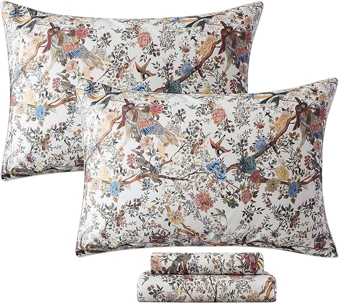 FADFAY Sheets Set Twin XL Botanical Bird Floral Bed Sheets Set Vintage Mocha Mousse Farmhouse Bedding Shabby Branches Bedding 100% Egyptian Cotton Breathable Soft Deep Pocket 4Pcs, Twin XL Size
