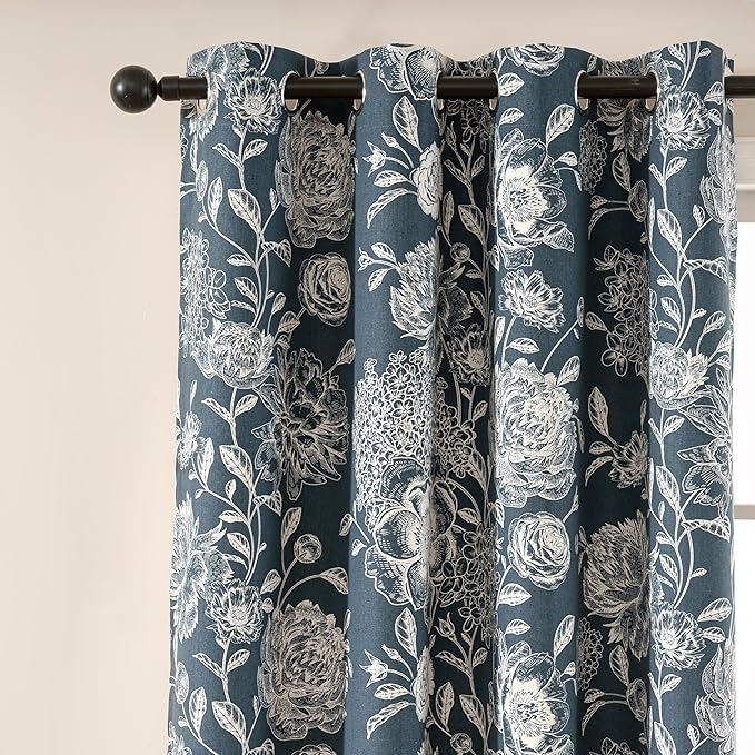 Pattern Blackout Curtains Blue Peony Print - Vintage Curtains for Bedroom Living Room, Floral Blackout Curtains Cotton Blend, Light Blocking Patterned Curtains, 52" W x 84" L