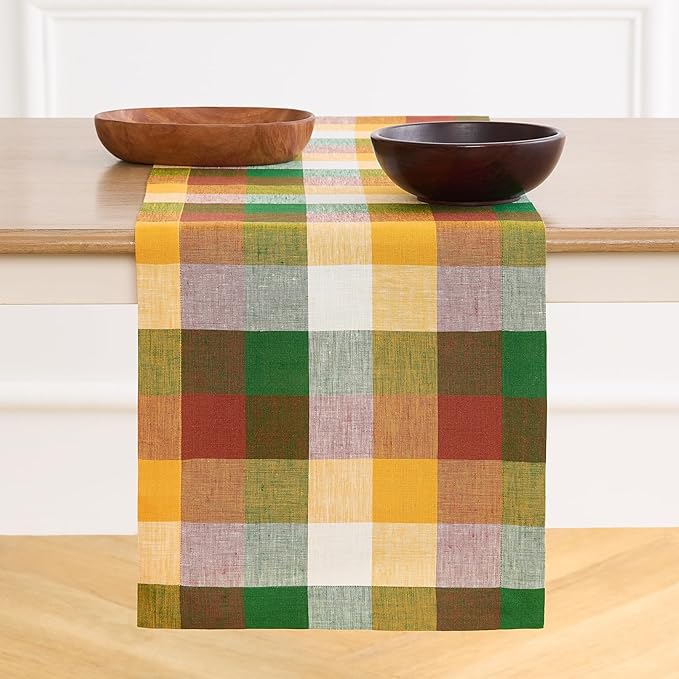 Solino Home Linen Table Runner 144 Inches Long - 100% Pure Linen Fall Multicolor Buffalo Check Extra Long Table Runner 14 x 144 Inch Ideal for Dining