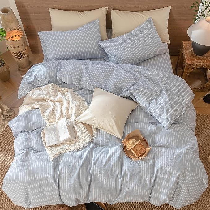 MooMee Striped Duvet Cover Set 100% Washed Cotton Linen Like Textured Breathable Durable Soft Comfy (Cornflower Blue White Wide Stripes, Queen 90"x90")