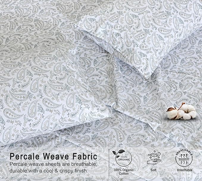 RUVANTI 100% Organic Cotton Sheets King Size, Percale Weave, GOTS Certified, 4-Piece Set, Deep Pocket 15", Crisp & Breathable, Soft Durable Bedding, Sábanas Algodón Orgánico – Ornate Oasis