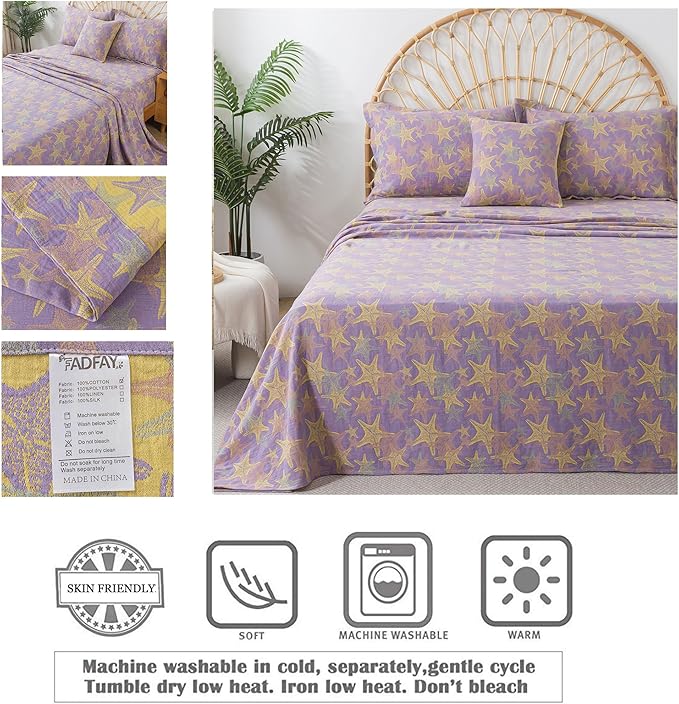 FADFAY Beach Theme Sheets Set King Purple Yellow Starfish Ocean Bedding Coastal Nautical Bedding Super Soft Washed Double -Layer Muslin Sheets 100% Cotton Deep Pocket Fitted Sheet 4Pcs, King Size