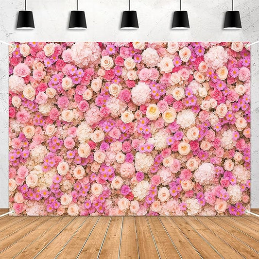 Pink Flower Wall Backdrop 7x5ft Elegant Floral Photography Background Banner for Wedding, Bridal Shower, Baby Shower Girl, Birthday Party, Engagement & Photo Booth Decor