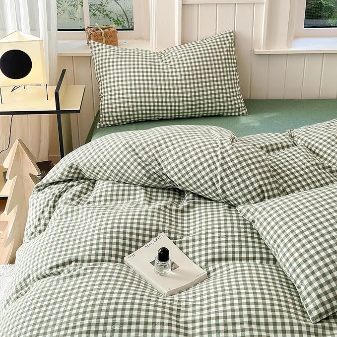 LifeTB Queen Comforter Set Green Gingham Comforter Modern Style Checkered Pattern Comforter Set Boho Grid Plaid Bedding Comforter Lightweight Fluffy Soft Grid Bedding Set Queen Size Breathable