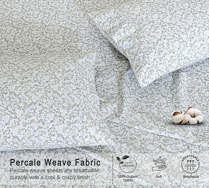 RUVANTI 100% Organic Cotton Sheets King Size, Percale Weave, GOTS Certified, 4-Piece Set, Deep Pocket 15", Crisp & Breathable, Soft Durable Bedding, Sábanas Algodón Orgánico – Floral Rush