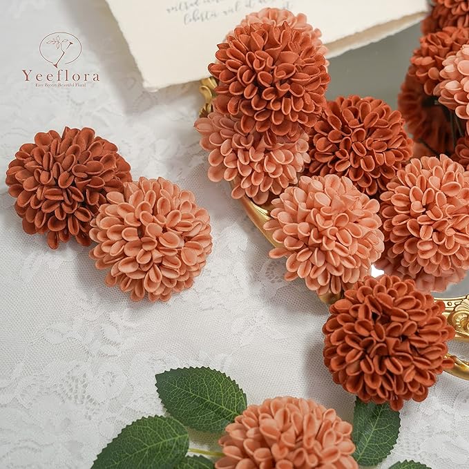 Artificial Flowers, 25pcs Realistic Artificial Rose for DIY Wedding Bouquets Centerpieces Arrangements, Shades of Terracotta and Dark Teal Dahlia Flowers with Stem for Party Home Decorations