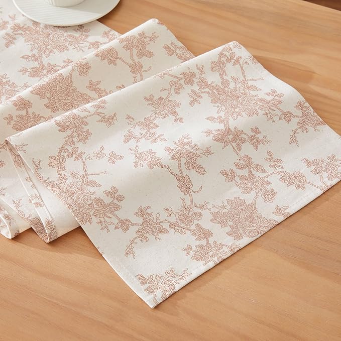 100% Cotton French Pastoral Table Runners, 13x108 Inch Taupe Farmhouse Table Runners 108 Inches Long, Vintage Flowers Print Home Decors