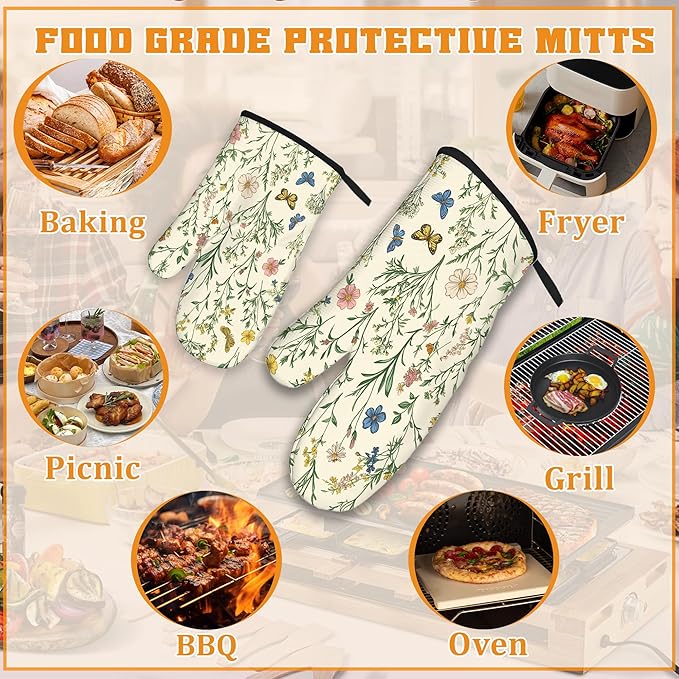 Wildflowers Oven Mitts and Pot Holders,Vintage Garden Plants Herb Flower Botanical Heat Resistant Oven Mitts Gloves and Pot Holder for Home Kitchen Decorations Cooking Baking BBQ Gifts,Set of 4