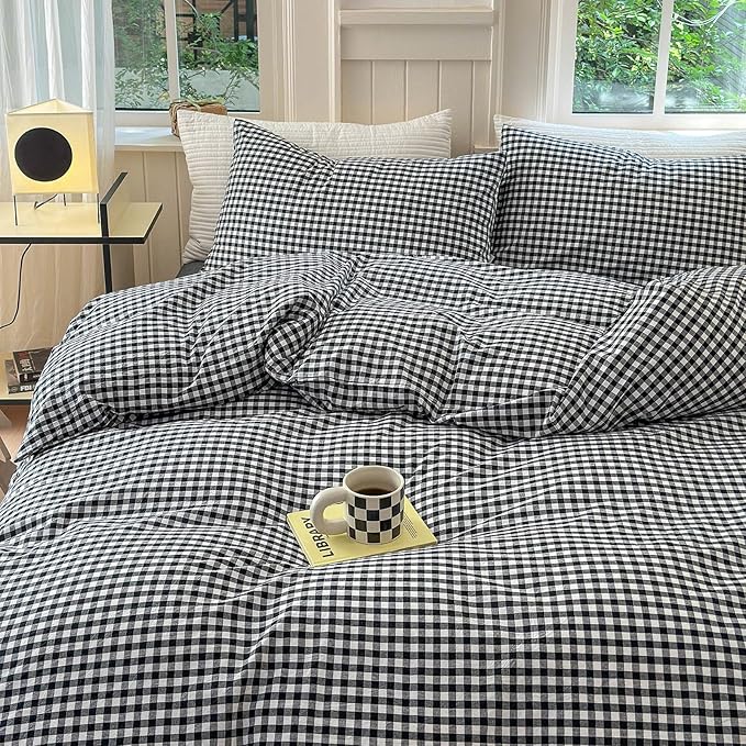 LifeTB Queen Comforter Set Black Gingham Comforter Modern Style Checkered Pattern Comforter Set Boho Grid Plaid Bedding Comforter Fluffy Soft Lightweight Grid Bedding Set Queen Size for All Season