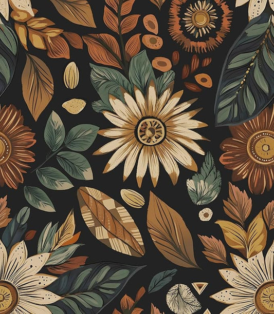 Vintage Boho Wallpaper Peel and Stick,Black Brown/Green Floral Contact Paper 17.5" x 393.7", Retro Flower Botanical Wall Paper Self Adhesive Removable Waterproof for Walls Shelves Cabinet Table Decor