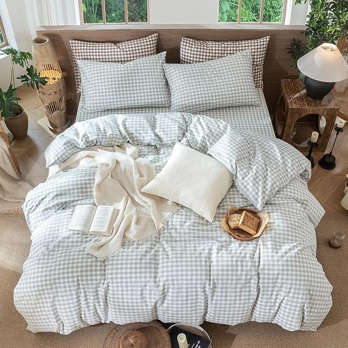 MooMee Gingham Duvet Cover Set 100% Washed Cotton Linen Like Textured Breathable Durable Soft Comfy Modern Checkered Design (Northern Droplet Grey Gingham, Cal King 104"x98")