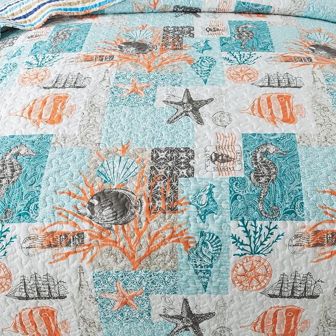 HoneiLife King Quilt Bedding Set - 3 Pieces Coastal Quilt Sets Beach Bedspreads Ocean Coverlets Lightweight Bed Cover Summer Quilts King Size
