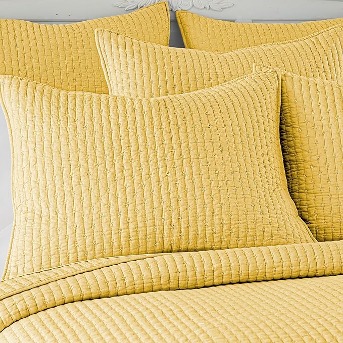 Levtex Home Cross Stitch Reversible Full/Queen Quilt Set (88x92in) with 2 Pillow Shams (26x20in) - Stitch Texture - Yellow - Cotton Full/Queen Size Quilt Bedding Set - Lightweight, Soft, Pre-Washed