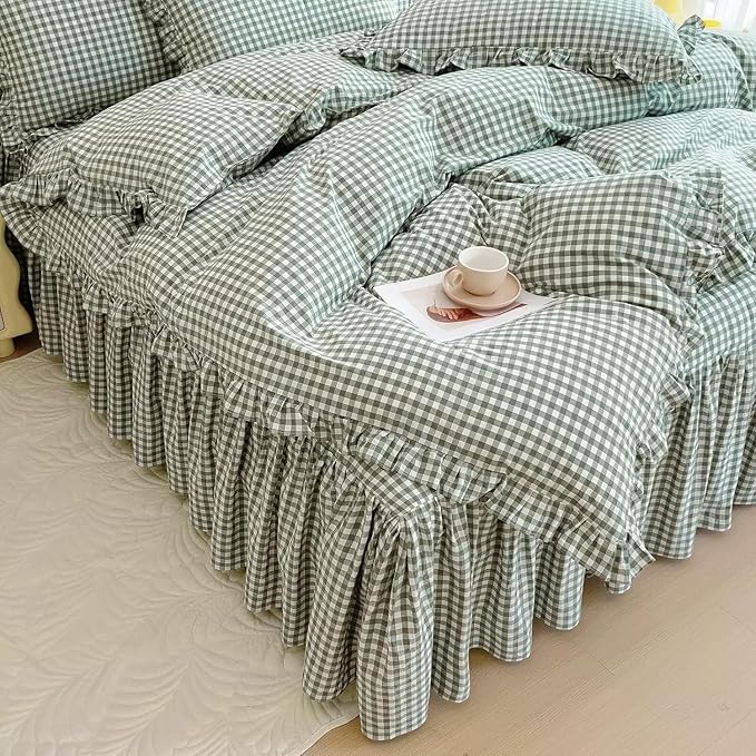 LifeTB Queen Comforter Set Green Gingham Comforter Vintage Ruffle Checkered Pattern Comforter Set Chic Grid Plaid Bedding Comforter Lightweight Fluffy Soft Gingham Bedding Set Queen Breathable
