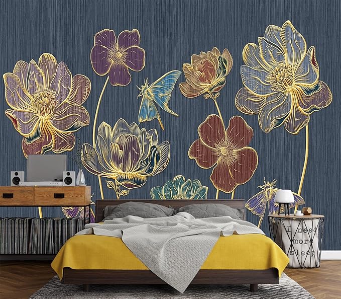 Eierme-Gold Embossed Plants and Flowers Mural Wallpaper Peel and Stick 137" x 102"