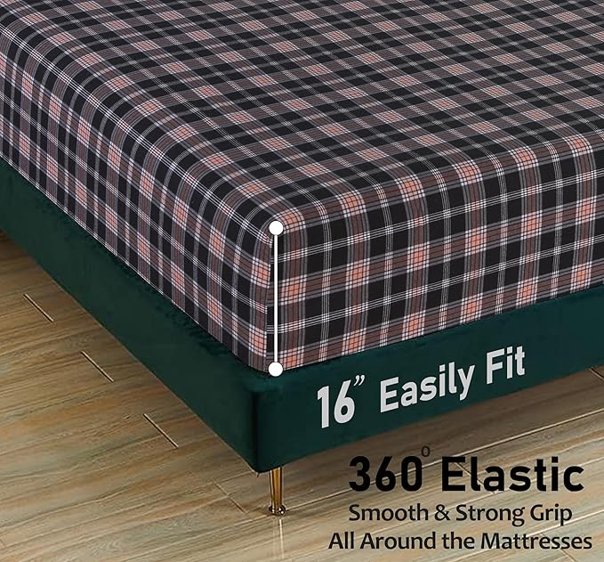 RUVANTI Flannel Sheets Twin Size - 100% Cotton Double Brushed Twin Sheets Set, Deep Pockets 16 Inches, All Seasons Breathable & Extra Soft Bed Sheets, Warm & Cozy, 3 Piece, Peach & Black Plaid