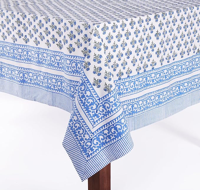ATOSII Gulbahar Blue 100% Cotton Fall Rectangle Tablecloth, Handblock Print Floral Table Cloth for Kitchen Dining Linen I Thanksgiving Christmas Weddings Outdoors I 72 X 108 Inches I 8 Seater